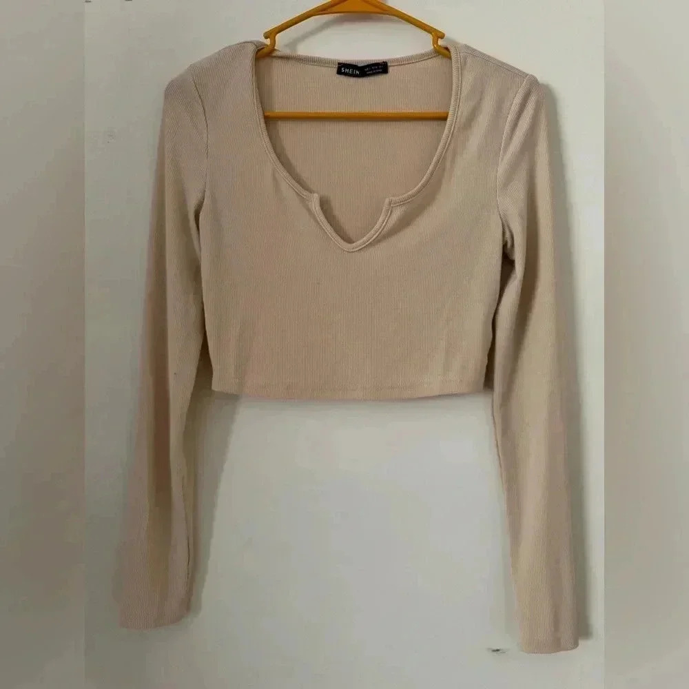 SHEIN Tan Long Sleeve Crop Top - Trendy & Comfortable